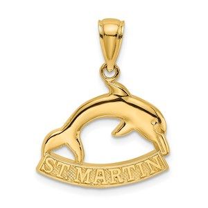 14k Yellow Gold Travel 2-D ST. MARTIN Under Small Dolphin Necklace Charm Pendant